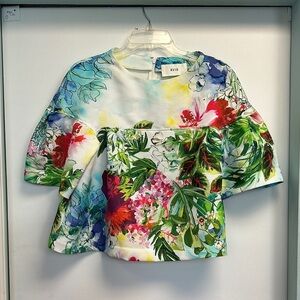 Chic Green and Blue Boxy Cropped Blouse with 3/4 Sleeves